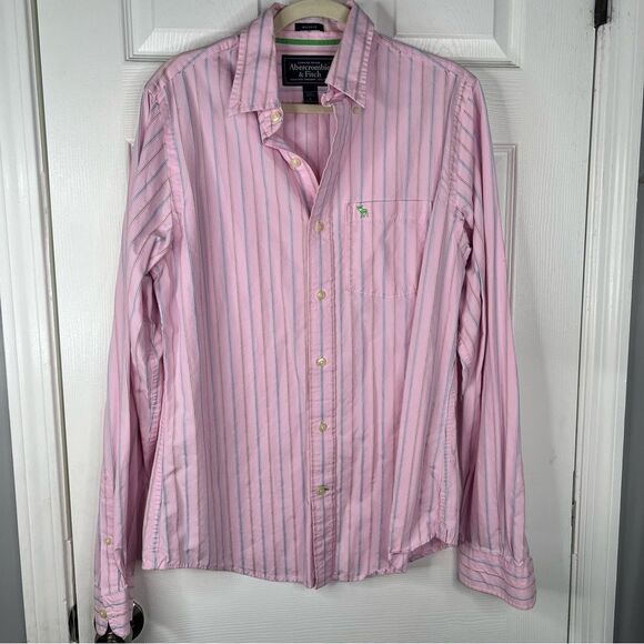 Sz L Abercrombie & Fitch Pink Pinstripe button up shirt $59 MSRP - Picture 3 of 8